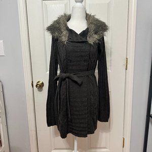 DAISY FUENTES ASPEN ESCAPE FAUX FUR DOUBLE BREASTED CABLE KNIT  LONG SWEATER